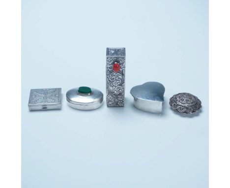 Charming collection of five vintage silver boxes, including intricately detailed pill and vanity containers in various forms"