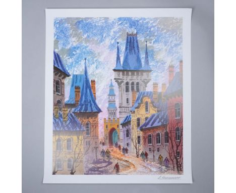 A captivating serigraph by Anatole Krasnyansky, titled Street of Old Prague. Known for his vibrant architectural cityscapes, 