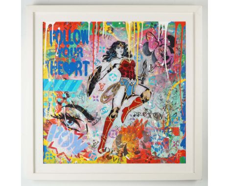 Striking original mixed media painting on canvas by contemporary street artist Dr. 8 Love. This vibrant pop-art collage featu