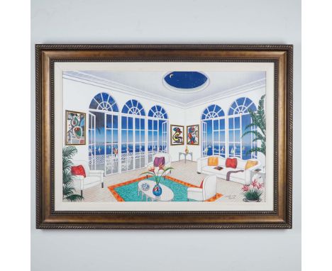 Colorful giclee on canvas by Fanch Ledan titled Interior with Miro, featuring a vivid modernist room with soaring glass windo
