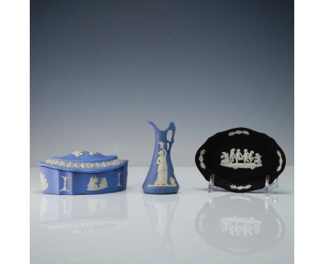 This 3-piece lot includes two classic Wedgwood jasperware items and one vintage Japanese vase. The Wedgwood pieces include a 