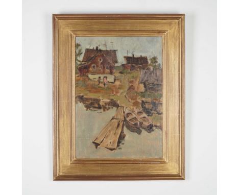 Original oil painting by Russian artist Gennadi Valentinovich Bernadski, depicting a tranquil village landscape with rustic c