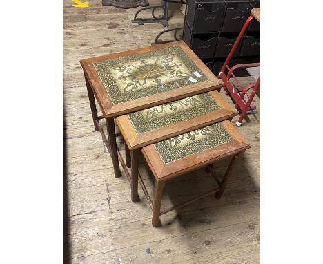 A nest of three mid-century tile top tables, shipping unavailable