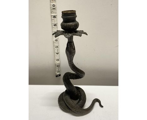 A antique heavy bronze serpent candlestick (converted to lamp), H24cm  shipping unavailable