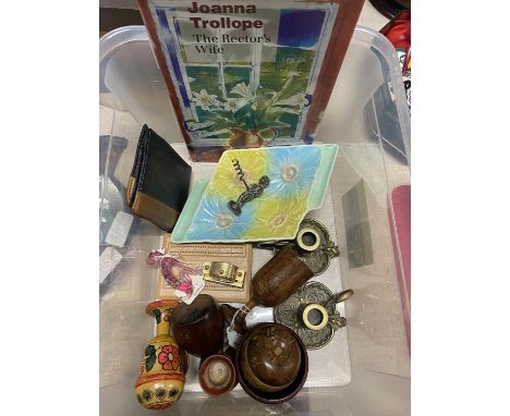 A box of assorted misc collectibles including treen and brass candlestick etc, shipping unavailable