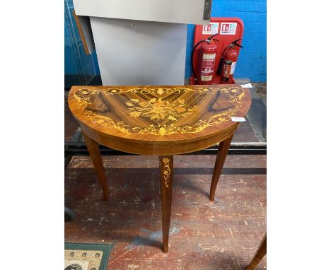 A vintage Demi Lune Italian Sorrento sewing table with marquetry inlay 63x65x33cm, shipping unavailable