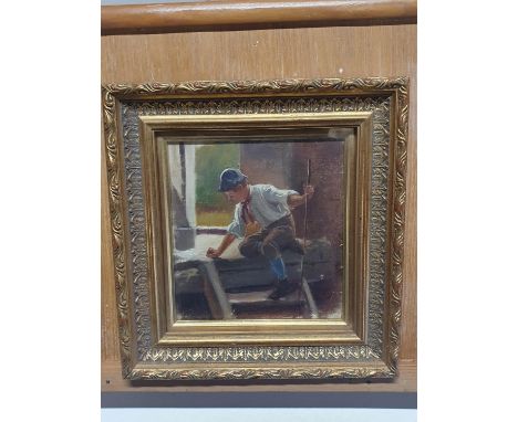 A small gilt framed Victorian oil on board portrait of a young boy. With sticker on reverse. S. Raven? 27cm x 26cm