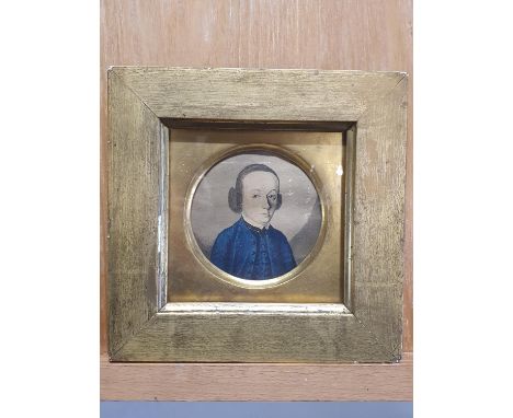 A framed hand painted miniature water colour portrait of a Georgian gentleman. 17cm x 17cm
