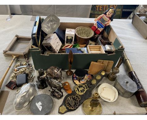 A box of assorted collectibles including vintage lighters, telescope, jelly mould etc, shipping unavailable