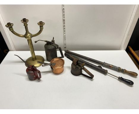 A job lot of assorted metal ware including copper pan and candlestick, shipping unavailable