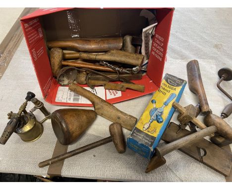 A large box of assorted tools including antique lead working &amp; mason's tools etc, shipping unavailable
