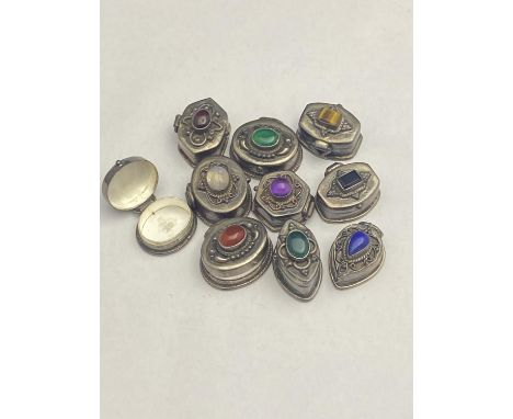 Ten assorted small vintage silver &amp; coloured stone pill boxes