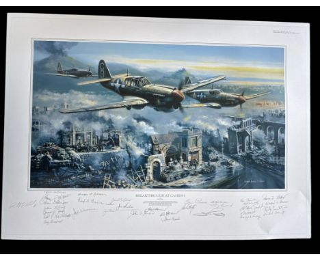 Multi signed Group Edition colour Military print Titled Breakthrough Casino. Signed by Robert Bailey (Artist) and 28 pilots C