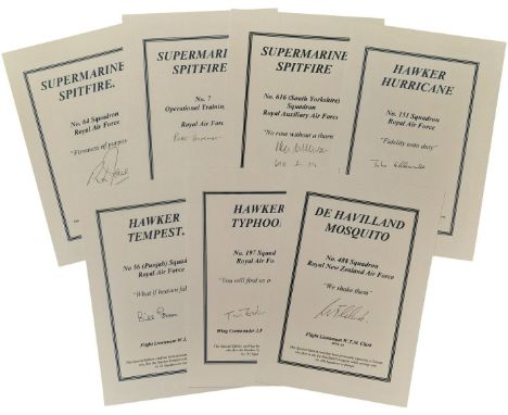 Battle of Britain collection of 7 signed bookplates, Air Cdr J Ellacombe DFC, Flt Lt R Jones, Flt Lt Bill Green, Wg Cdr Tim E