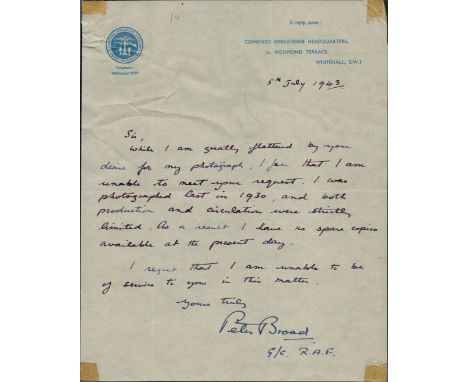 Group Captain Harold Peter Broad DFC ALS dated 5th July 1943 single page. A very distinguished R.A.F Officer with many operat