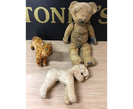 3 MUCH LOVED VINTAGE STUFFED ANIMALS INCLUDING TEDDY