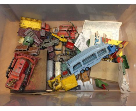 A box of loose and playworn diecasts, to include Dinky Toys Barford diesel roller, Dinky Pullmore car transporter etc 