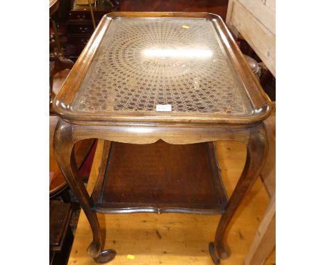 A 1930s beech, cane and glass topped inset two-tier tea trolley, on roller castors, length 70.5cm