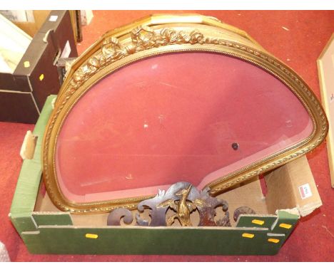 Three various gilt composition glazed fan display cases, each approx 65cm; together with a walnut cresting, presumably from a