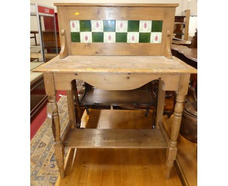 An Edwardian pine tile inset two-tier washstand, w.81cm 