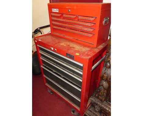 A Halfords red painted steel wheeled tool chest, with graduated drawers; together with a Sealey red painted steel table-top t