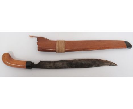 Malayan Parang Short Sword 12 1/4 inch, single edged blade widening towards the sharpened back edge point. &nbsp;Horn ferrule