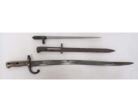 Three Various Bayonets consisting French Chassepot sabre bayonet.&nbsp; Single edged Yataghan blade with large fuller.&nbsp; 