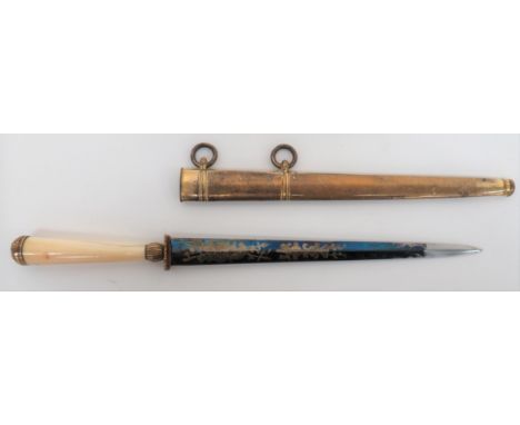 Fine Georgian Royal Navy Officer's Blued and Gilt Blade Dirk 8 inch, narrow, double edged blade with blued and gilt stand of 