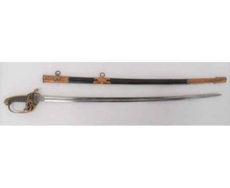 Early Pattern Victorian 1822 Infantry Officer's Sword 32 1/2 inch, single edged, narrow, slightly curved blade with fuller. &