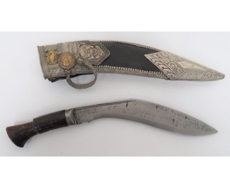 Mid 20th Century Ornate Indian Kukri 11 1/2 inch, single edged blade of typical form. &nbsp;Two narrow fullers. &nbsp;Steel f