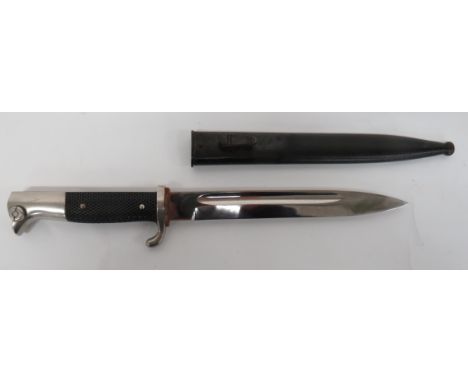 German K98 Carbine Length Dress Bayonet 7 3/4 inch, single edged, plated blade with narrow fuller. &nbsp;Forte marked "Emil V