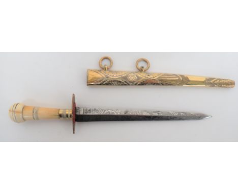 Fine Georgian Royal Navy Officer's Etched Blade Dirk 6 1/2 inch, narrow, double edged blade with full length etched stand of 