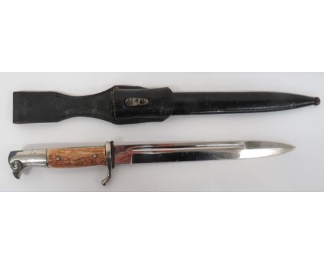 German K98 Antler Gripped Dress Bayonet 9 3/4 inch, single edged, plated blade with sharpened back edge point. &nbsp;Narrow f