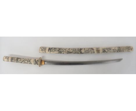 Late 19th Century Japanese Carved Bone Mounted Sword 20 1/2 inch, single edged blade. &nbsp;Brass habaki. &nbsp;Carved bone t