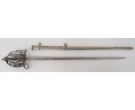 1st VB Royal Scots Fusiliers 1831 Pattern Victorian Basket Hilt Sword 32 3/4 inch, double edged blade. &nbsp;Narrow, double f