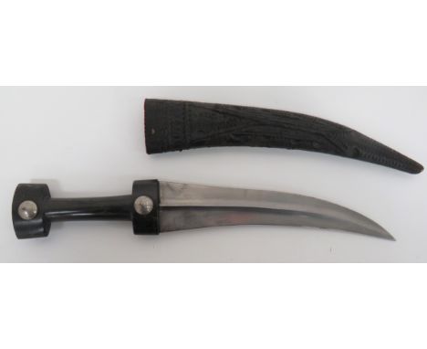 19th Century Horn Gripped Jambiya 9 inch, double edged, slightly curved blade with central raised rib. Polished horn, one pie