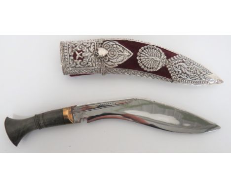 Mid 20th Century Indian Silvered Kukri 10 inch, single edged blade of typical form. &nbsp;Brass ferrule and flat pommel. &nbs