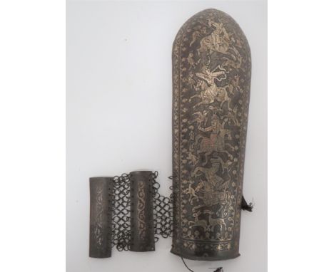 19th Century Indo- Persian Bazu Band Arm Protector steel forearm protector elaborately etched and inlaid with hunting warrior