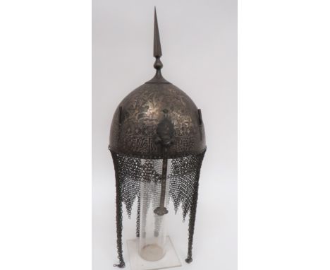 19th Century Indo- Persian Kulah Khud Helmet steel dome crown elaborately etched and inlaid with hunting warriors and their g