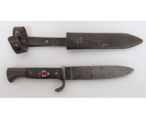 German Third Reich Hitler Youth Knife by Eickhorn 5 1/8 inch, single edged blade. &nbsp;One side with etched motto. &nbsp;The