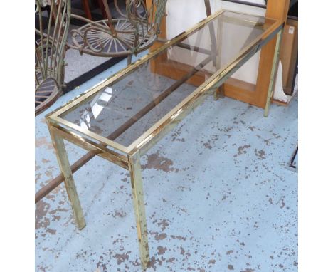 CONSOLE TABLE, with glass top on gilded metal frame, 137cm x 41cm x 63cm H.