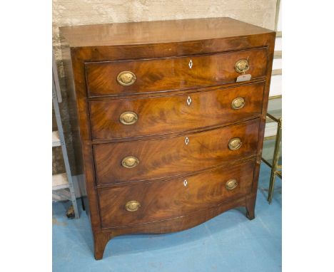 BOWFRONT CHEST, Regency flame mahogany and satinwood line inlaid, with four long graduated drawers, 93cm x 52cm x 109cm H. 
