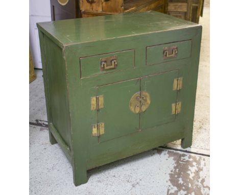 SIDE CABINET, 19th century Chinese, green lacquered, with two drawers and two doors, 94cm x 60cm x 94cm H. 