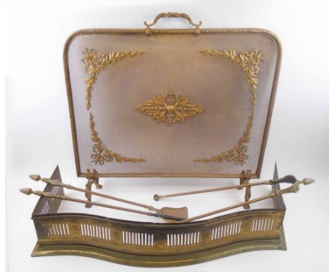 FIREPLACE ITEMS, comprising a French mesh and gilt brass fireguard, Georgian brass fender and a set of three fire implements.