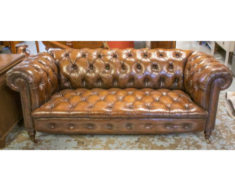 VICTORIAN CHESTERFIELD SOFA, hand finished in leaf brown deep buttoned upholstered leather, with curved back and arms, and tu