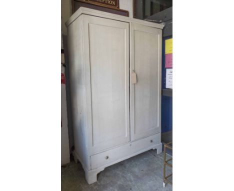 ARMOIRE, 19th century, pine, distressed grey painted, with two panelled doors, enclosing a double hanging space, above a full