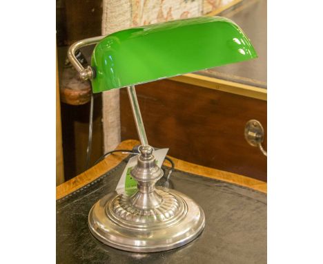BANKER'S LAMP, traditional silvered metal with hinged green glass shade, 39cm H. 
