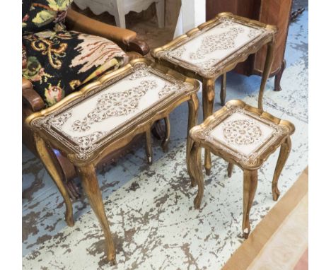 SIDE TABLES, a pair, Florentine style with gilt detail and cabriole supports, 35cm x 58cm x 57cm H and a smaller lamp table 3