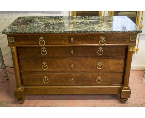 COMMODE, Empire mahogany and gilt metal mounted with verde antico marble top above two overhanging drawers with three long dr