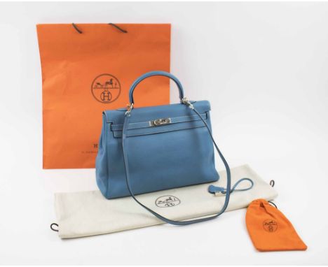 HERMÈS KELLY 35 HANDBAG, light blue leather with palladium hardware, 2003, padlock, two keys and bell, detachable shoulder st